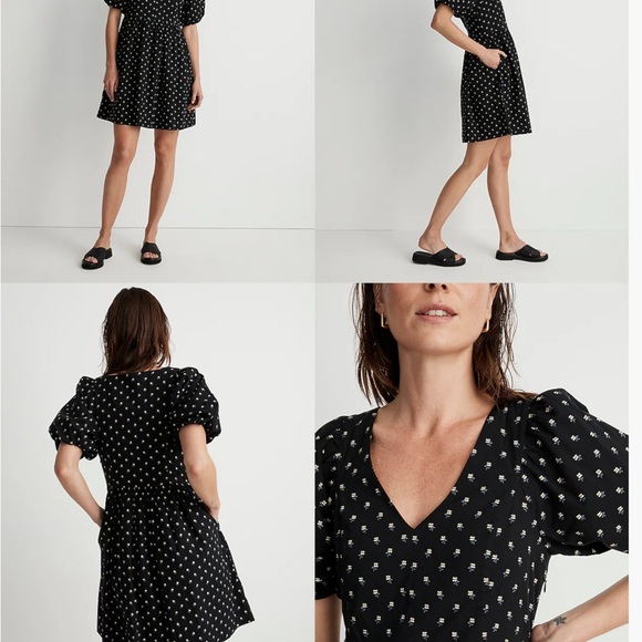 Madewell V-Neck Puff Sleeve Mini Dress in Floral Ikat Black XXL - Picture 12 of 14